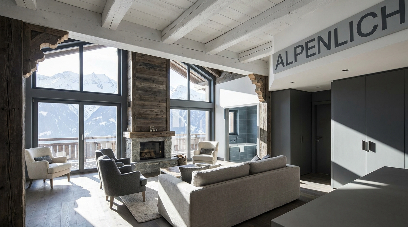 Intérieur de chalet moderne avec grandes baies vitrées et bois clair
