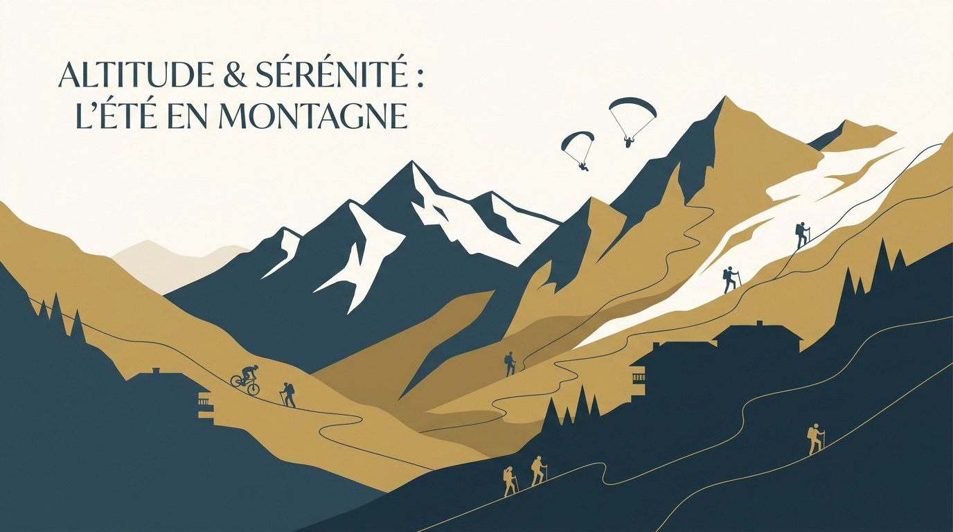Vue panoramique sur les montagnes en été avec randonneurs profitant du calme et de l'altitude
