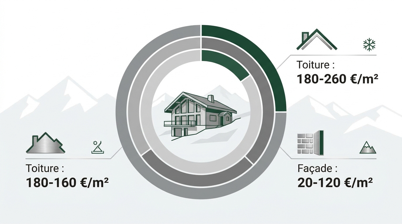 Toiture et façade d'un chalet de montagne en cours de rénovation
