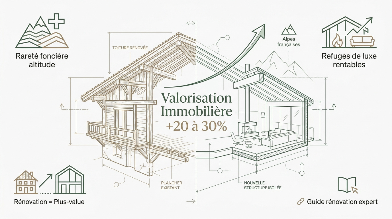 Rénovation d'un vieux chalet de luxe avec matériaux nobles et vue sur les Alpes