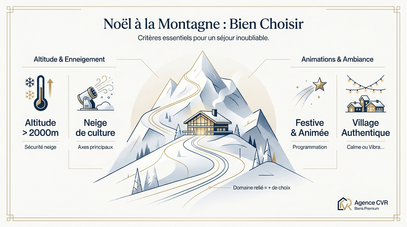 Village de montagne illuminé pour les fêtes de Noël avec sapins enneigés