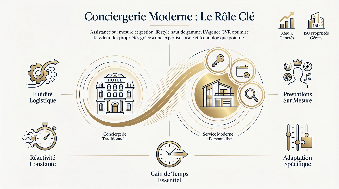 Infographie détaillant les piliers de la conciergerie moderne et la gestion lifestyle