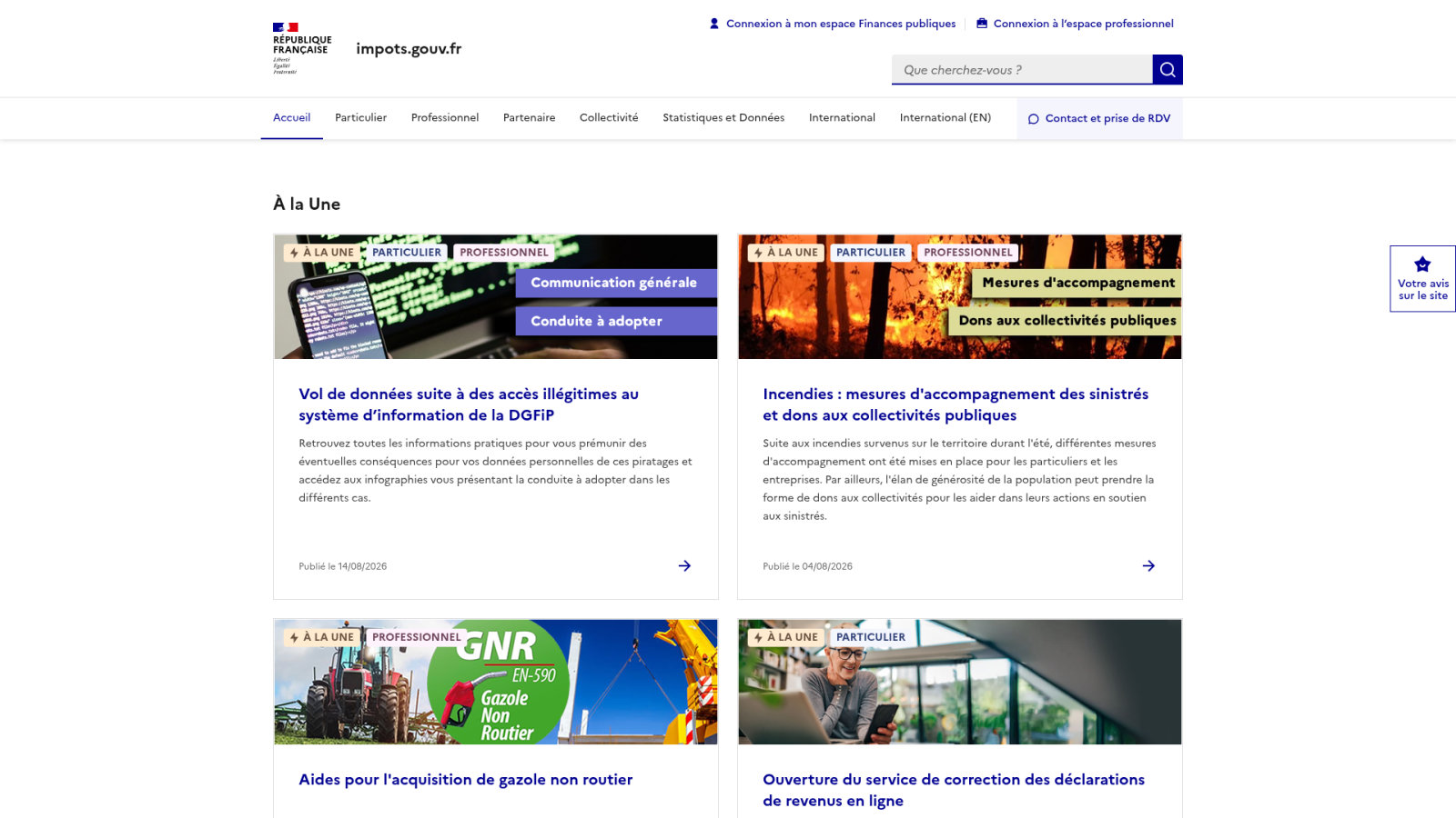 Capture d'écran de l'interface du portail impots.gouv.fr pour les déclarations professionnelles.
