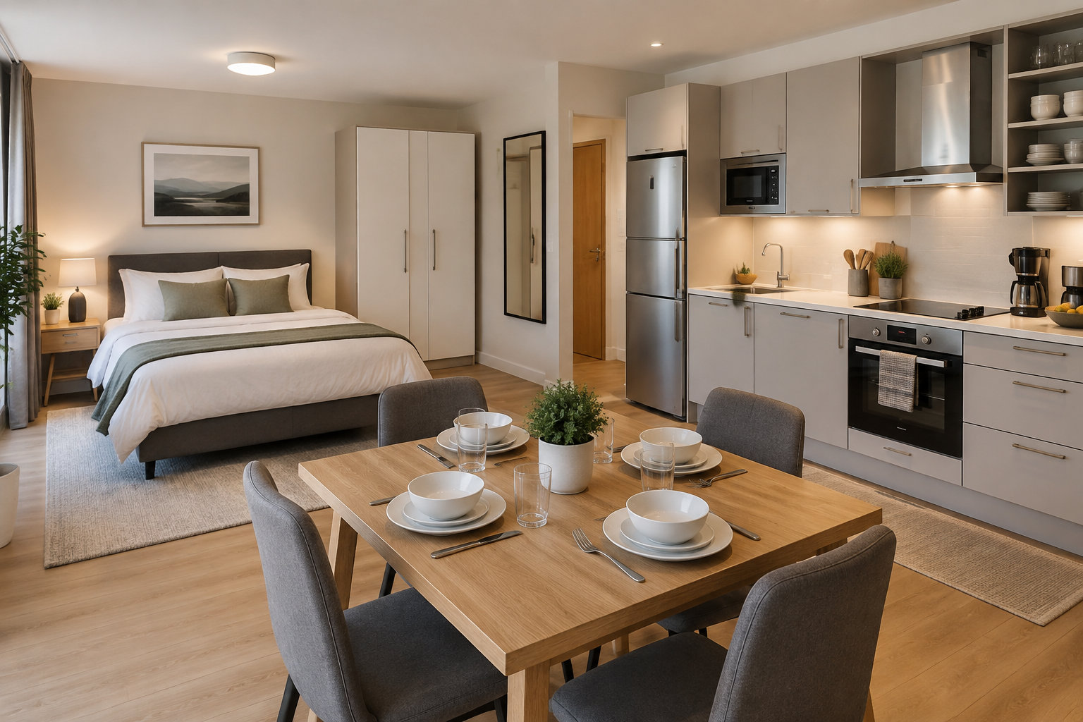 Un logement meublé prêt à vivre avec un lit, une cuisine équipée, de la vaisselle, une table, des sièges et des rangements.
