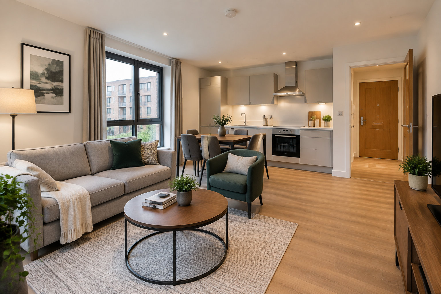 L’intérieur d’un logement meublé où le mobilier et les installations sont visibles séparément.