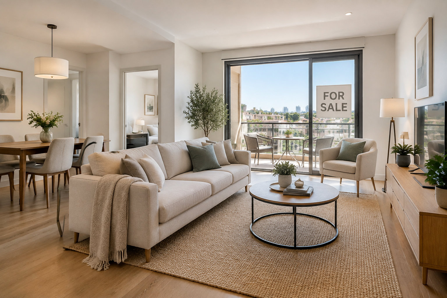 Un logement meublé lumineux préparé pour la vente, avec une pancarte discrète indiquant qu’il est à vendre.