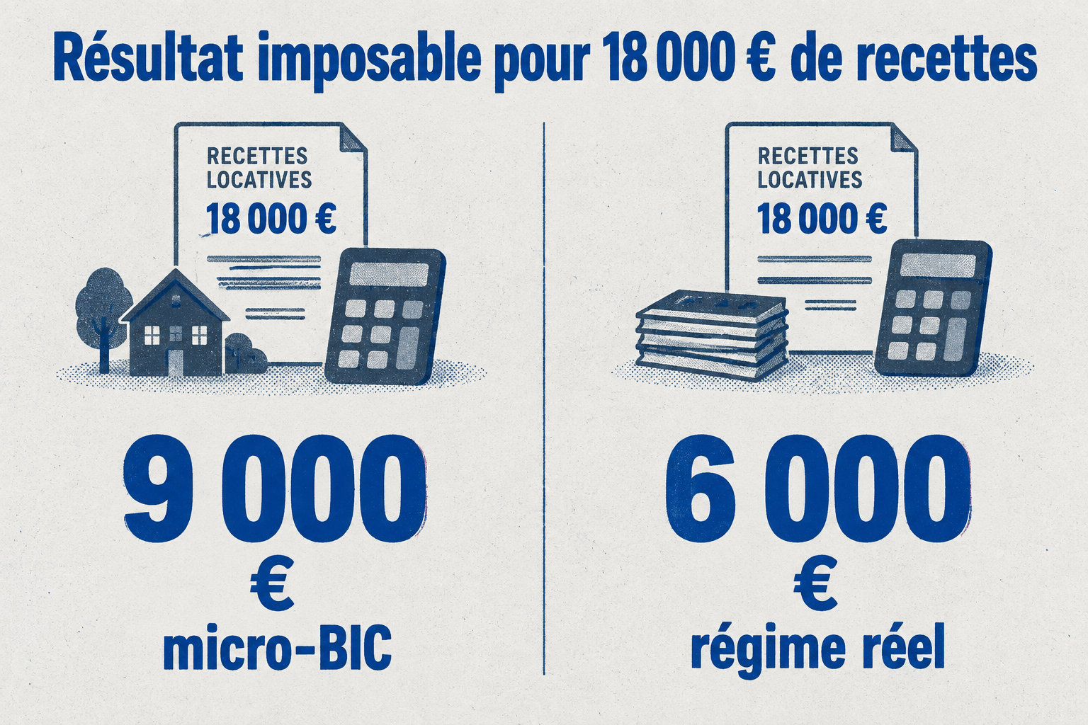 Pour 18 000 € de recettes, le résultat imposable est de 9 000 € au micro-BIC et de 6 000 € au régime réel, après 4 000 € de charges et 8 000 € d’amortissement.