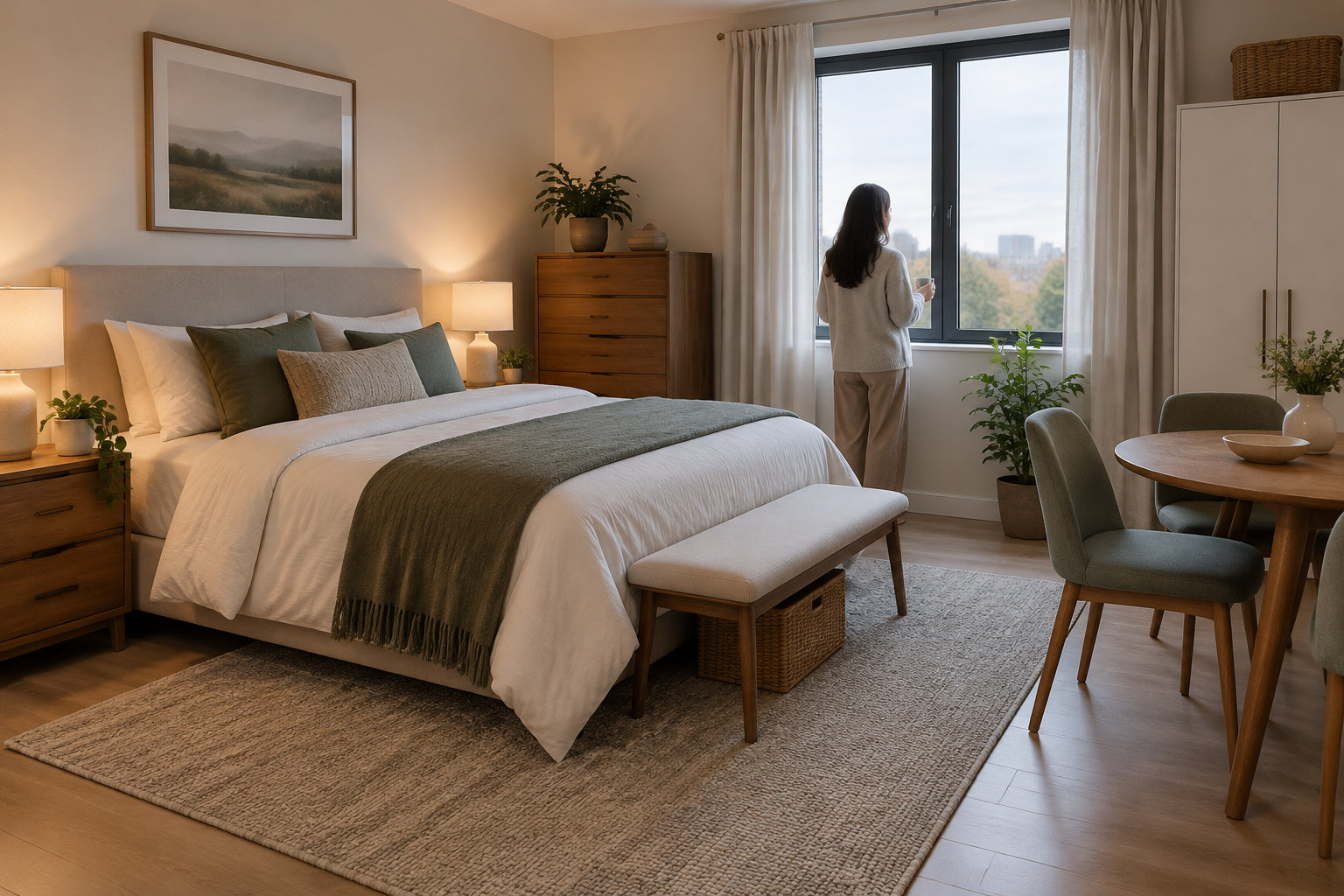Une chambre aménagée avec un grand lit, des meubles en bois et un coin repas, tandis qu’une femme regarde par la fenêtre en tenant une tasse.