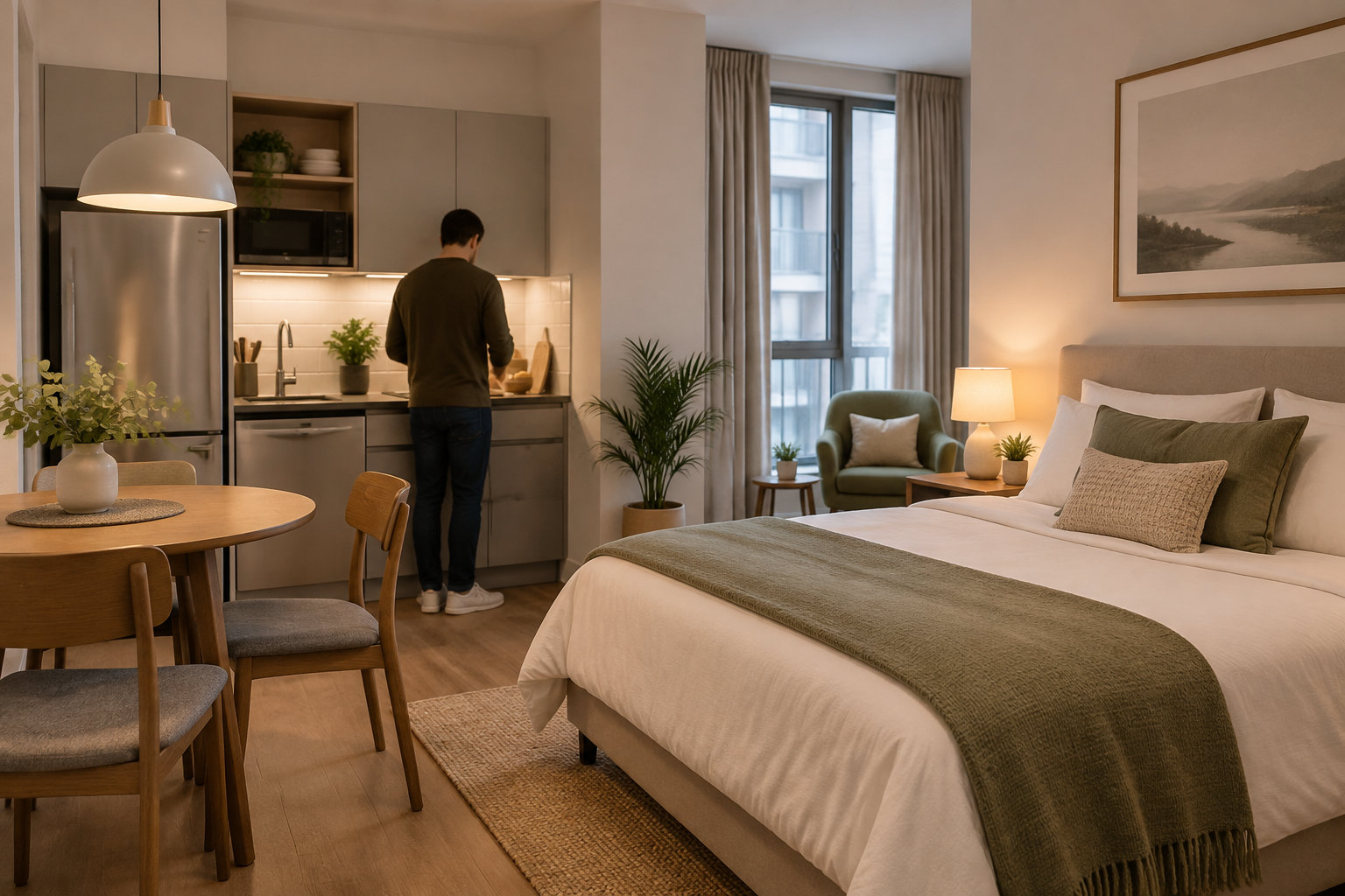 Un homme prépare quelque chose dans la cuisine d’un studio aménagé avec un lit, une table, des chaises et des plantes.