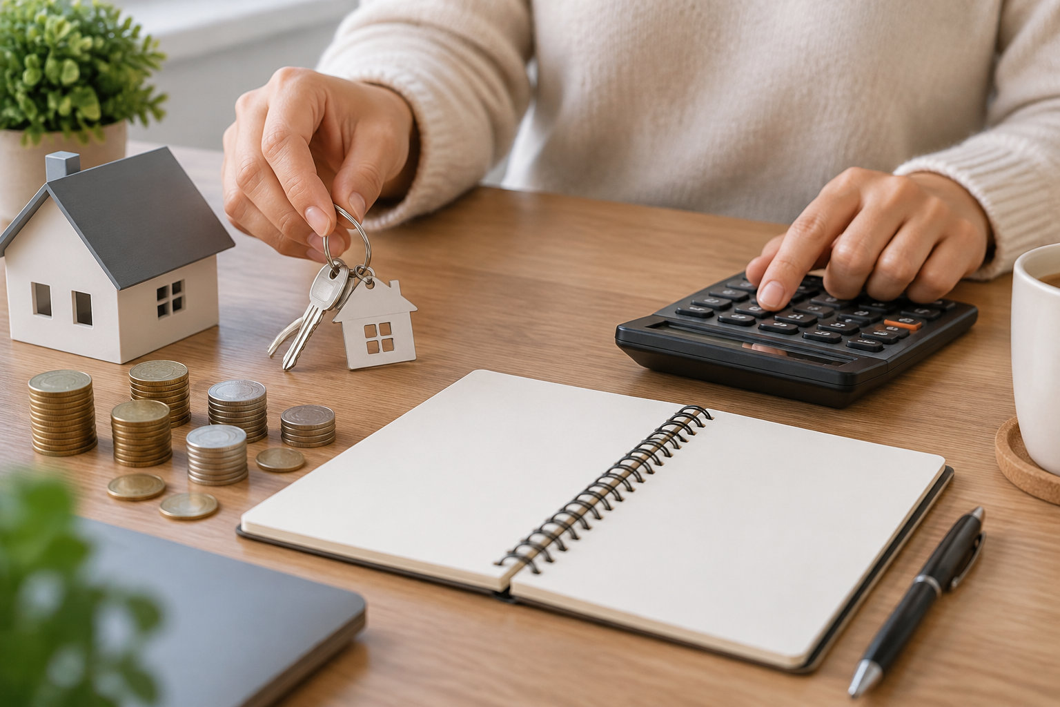 Une personne tient des clés avec un porte-clés en forme de maison et appuie sur une calculatrice, près de pièces, de maquettes de maisons et d’un carnet ouvert sur une table.