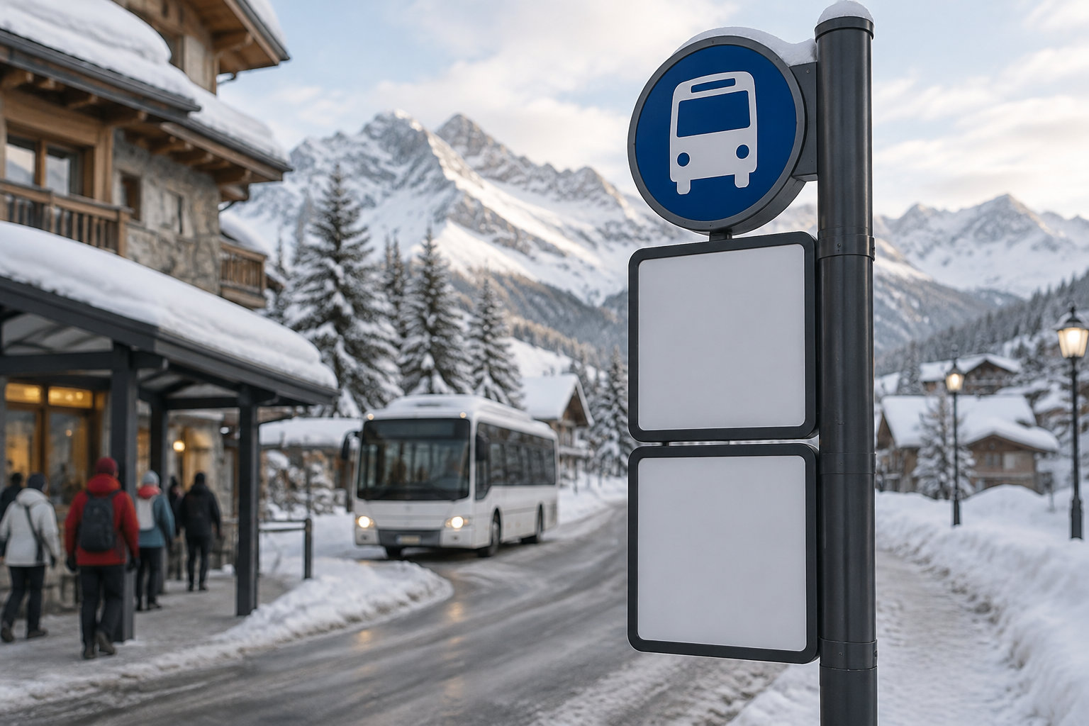 Un panneau d’arrêt de bus se dresse au premier plan dans un village enneigé, tandis qu’un autobus approche de voyageurs près d’un abri.