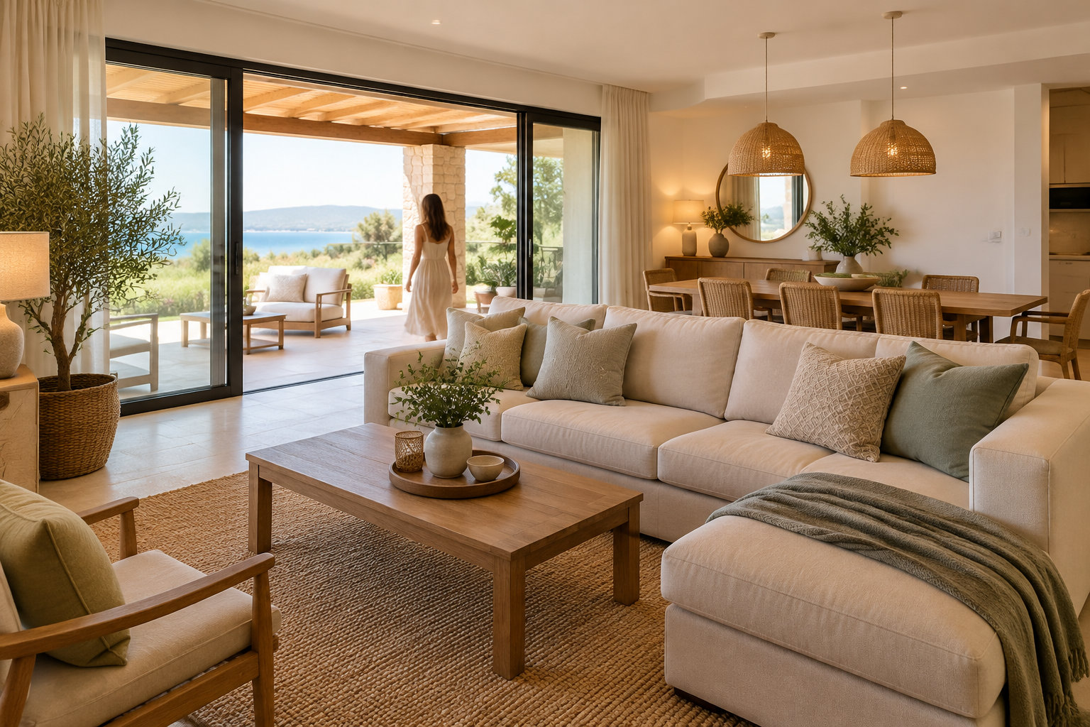 Un salon lumineux aux tons naturels s’ouvre sur une terrasse et un paysage côtier, tandis qu’une femme en robe claire se tient près de la baie vitrée.