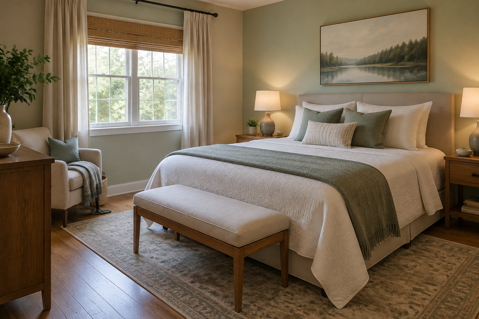 Une chambre aux tons neutres comprend un grand lit avec une couverture verte, un banc, un fauteuil, deux tables de chevet et une fenêtre habillée de rideaux.
