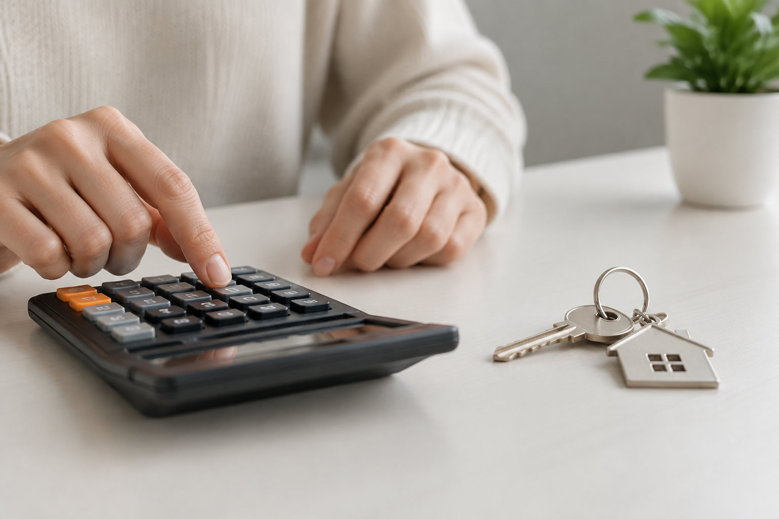 Une personne appuie sur les touches d’une calculatrice posée sur un bureau, près d’un trousseau de clés avec un porte-clés en forme de maison.