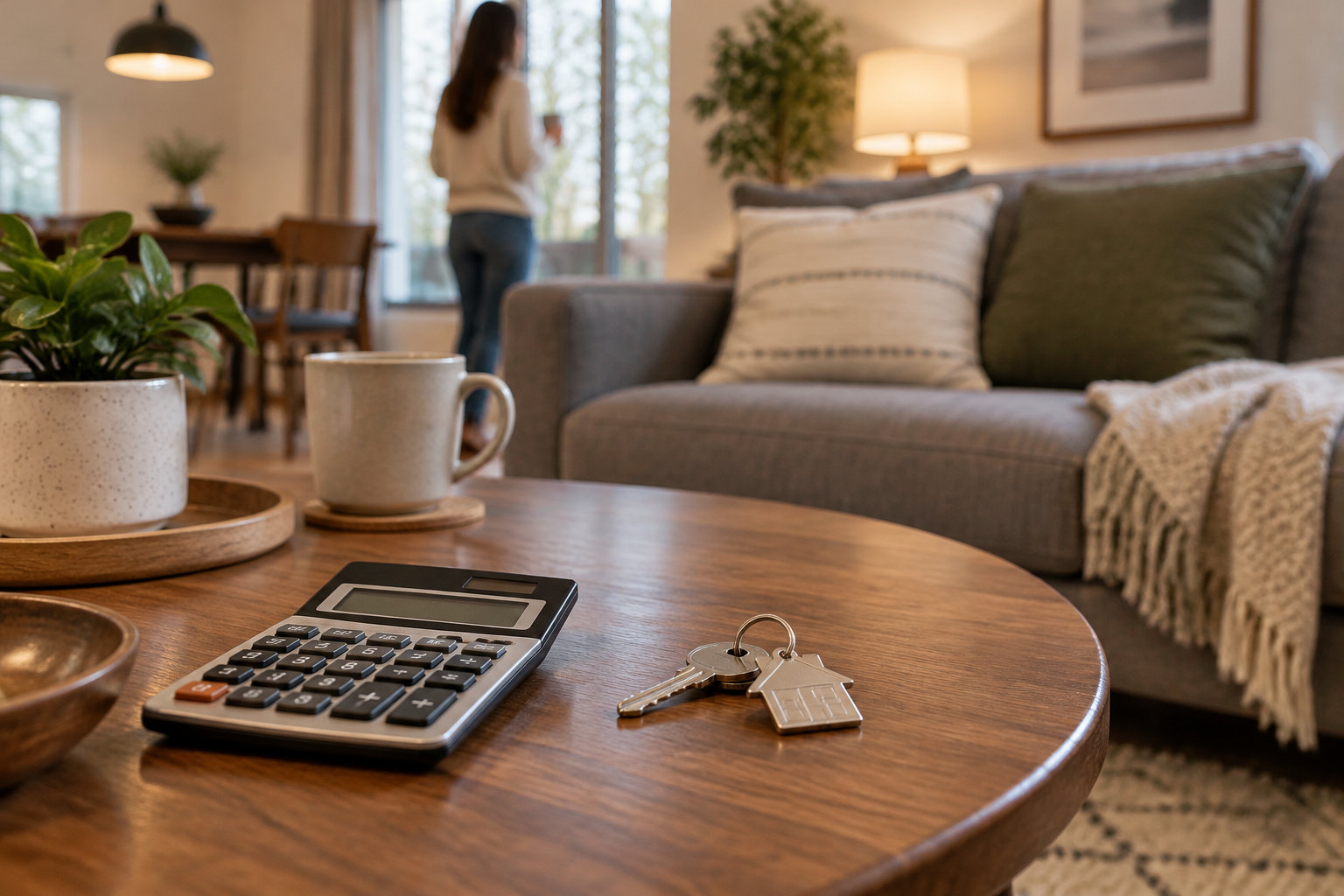 Une calculatrice et un trousseau de clés sont posés sur une table basse en bois, devant un canapé dans un salon où une personne se tient près d’une fenêtre.