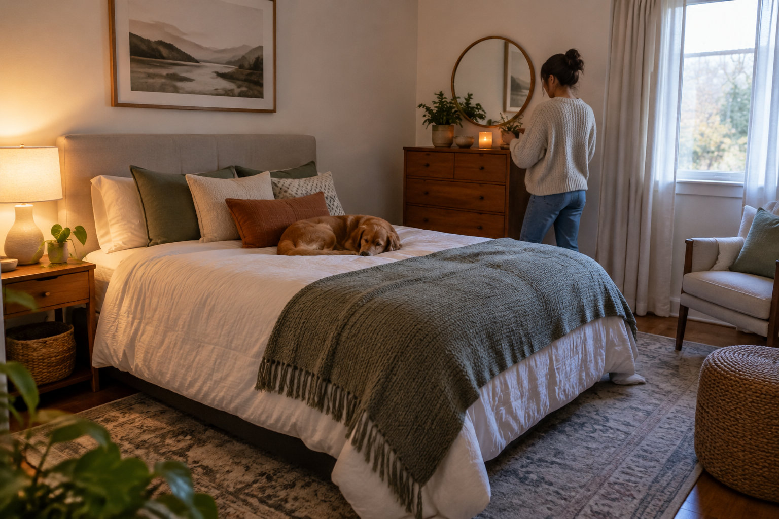 Une femme se tient près d’une commode dans une chambre chaleureusement éclairée, tandis qu’un chien dort sur le lit.