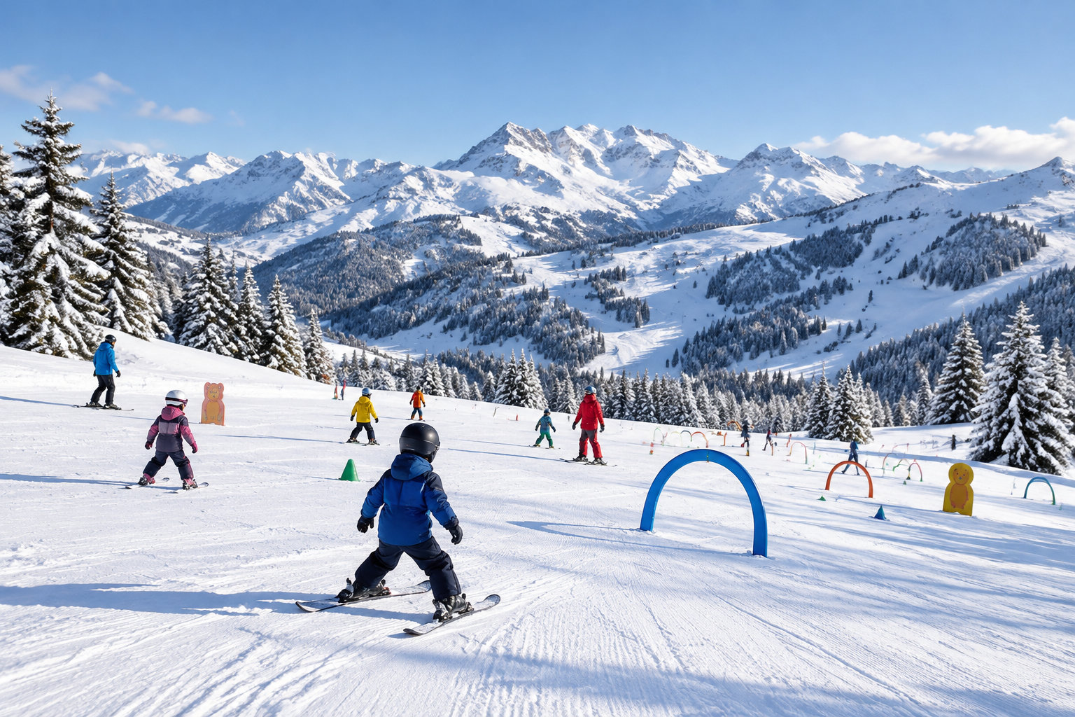 Des enfants apprennent à skier sur une piste enneigée, devant des montagnes et des sapins.