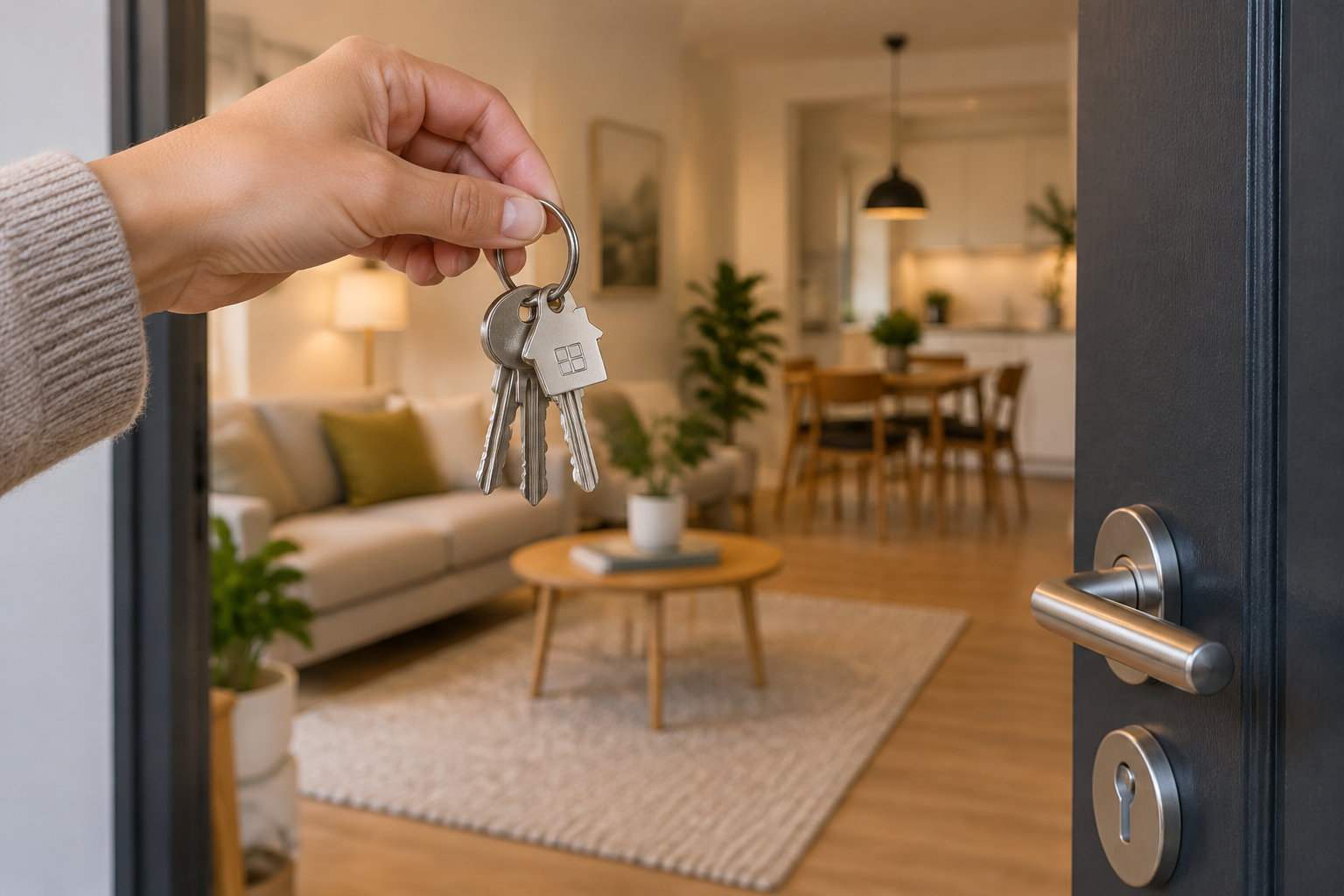 Une main tient un trousseau de clés devant la porte ouverte d’un appartement meublé et éclairé.