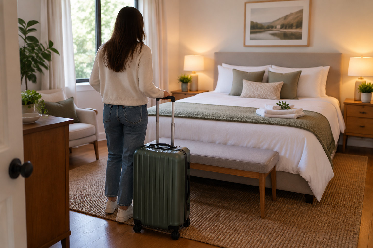 Une femme, vue de dos, tient une valise dans une chambre avec un grand lit, des tables de chevet et des lampes.