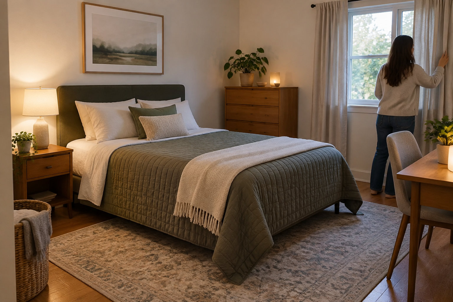 Une femme ouvre les rideaux d’une chambre aménagée avec un lit, des meubles en bois, des plantes et un tapis.