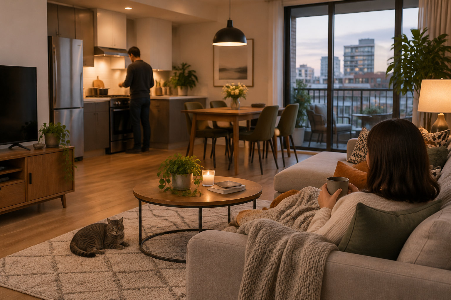 Une personne prépare à manger dans la cuisine tandis qu’une autre, assise sur un canapé, tient une tasse ; un chat est couché sur le tapis du salon.