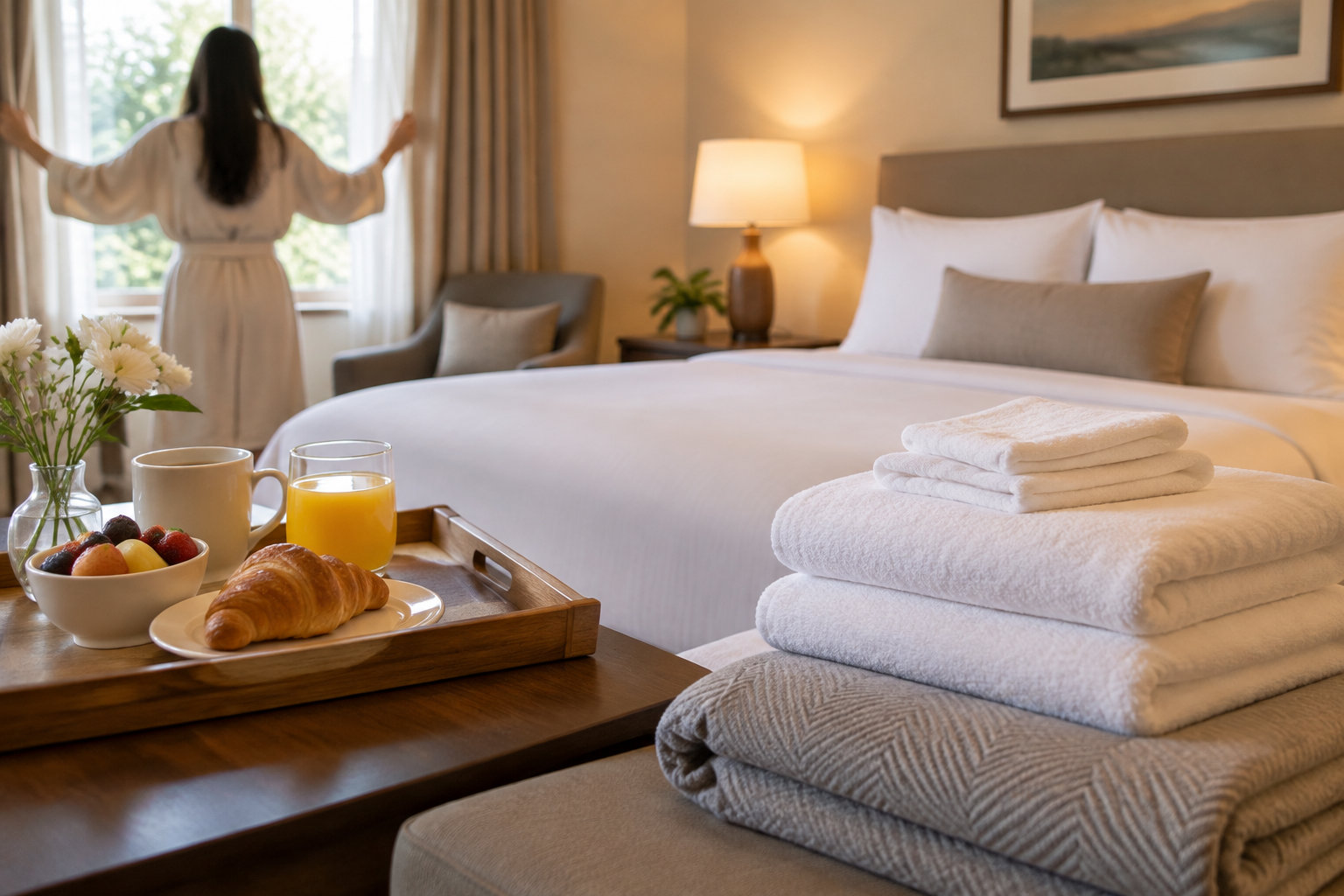 Une femme ouvre les rideaux d’une chambre lumineuse où un plateau de petit-déjeuner et des serviettes pliées sont posés près du lit.