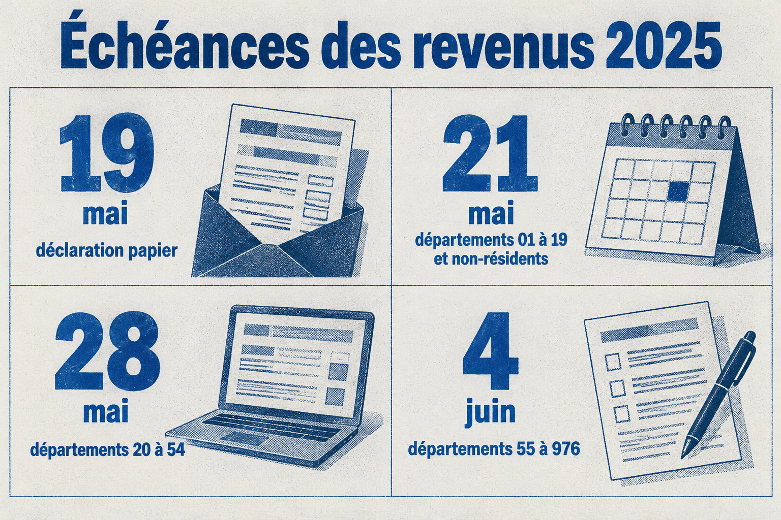 Pour les revenus 2025 déclarés en 2026, la date limite est le 19 mai sur papier ; en ligne, elle est le 21 mai pour les départements 01 à 19 et les non-résidents, le 28 mai pour les départements 20 à 54, et le 4 juin pour les départements 55 à 976.