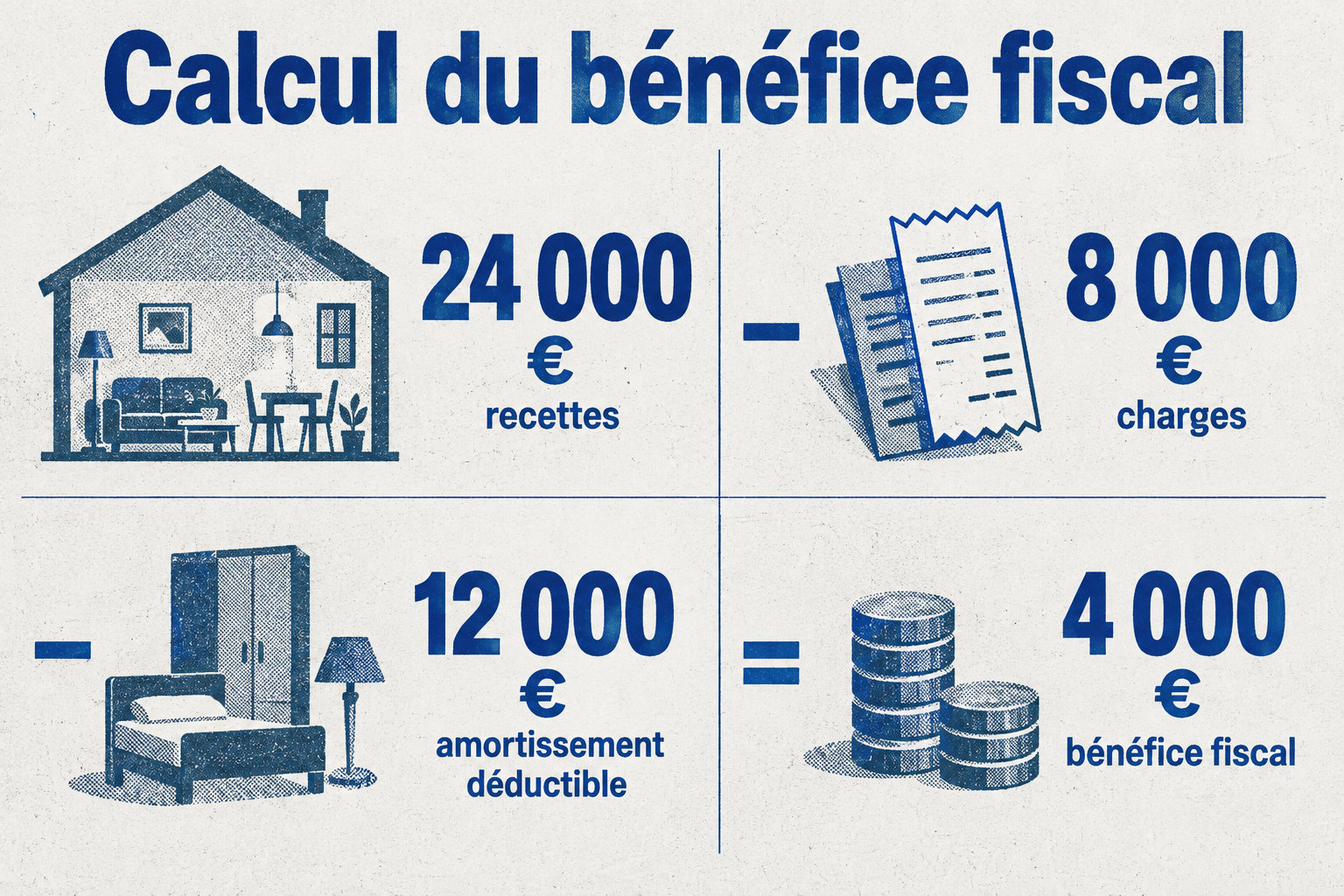 L’exemple calcule un bénéfice fiscal de 4 000 € à partir de 24 000 € de recettes, après déduction de 8 000 € de charges et de 12 000 € d’amortissement déductible.