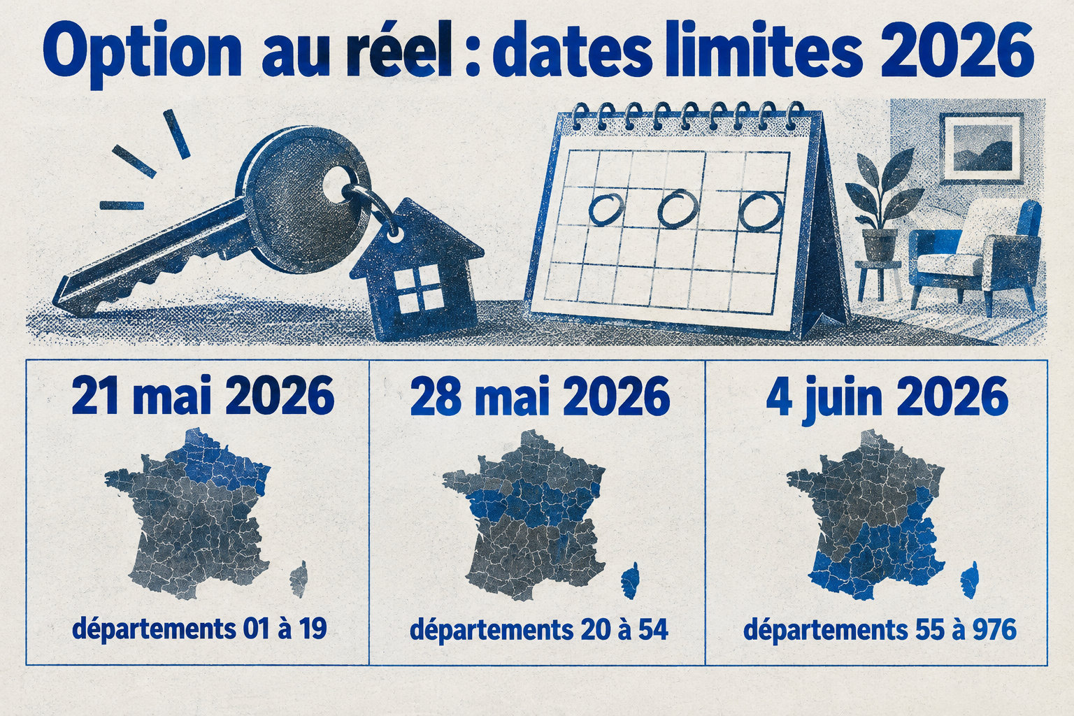 Pour opter au réel en 2026, la date limite en ligne de la déclaration 2042 pour 2025 était le 21 mai pour les départements 01 à 19, le 28 mai pour les départements 20 à 54 et le 4 juin pour les départements 55 à 976.
