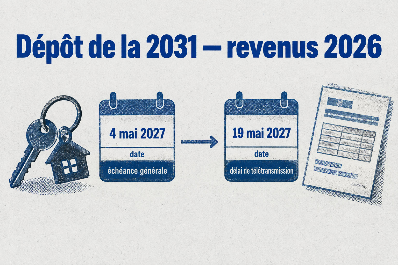 Pour les revenus 2026, la date limite générale de dépôt est le 4 mai 2027, puis le délai de télétransmission court jusqu’au 19 mai 2027.