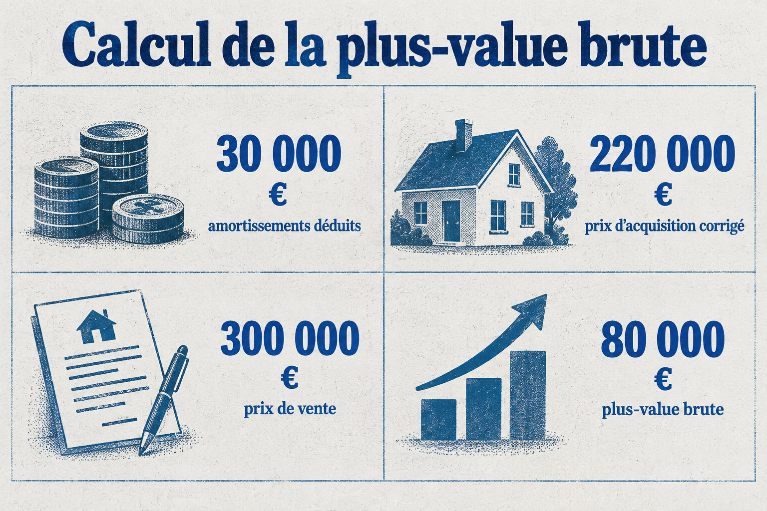L’exemple indique 30 000 € d’amortissements déduits, un prix d’acquisition corrigé de 220 000 € et une vente à 300 000 €, soit 80 000 € de plus-value brute.
